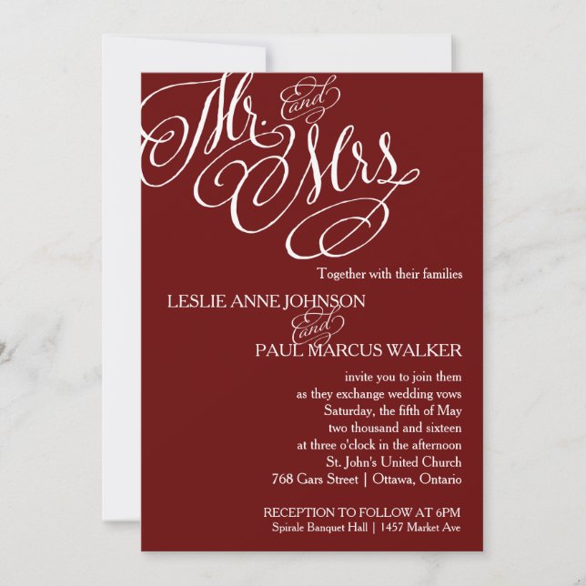 Mr. and Mrs. Scroll Wedding Invitation Burgundy (Front)