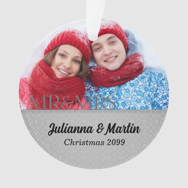 Mr and Mrs Silver Damask Wedding Photo Christmas Ornament (Front)