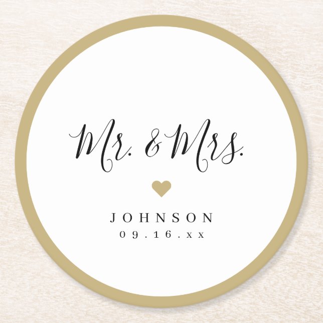 Mr and Mrs simple elegant script wedding Round Paper Coaster (Front)