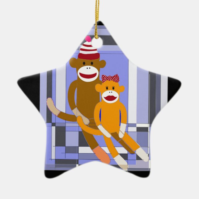 Mr. and Mrs. Sock Monkey. Ceramic Tree Decoration (Front)