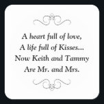Mr. and Mrs. Square Sticker<br><div class="desc">This charming Mr. and Mrs. square sticker features a darling poem personalised with the bride and groom's names. This would be a perfect sticker to accent a favour box holding Hershey Kisses. Matching products available.</div>