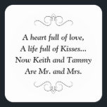 Mr. and Mrs. Square Sticker<br><div class="desc">This charming Mr. and Mrs. square sticker features a darling poem personalised with the bride and groom's names. This would be a perfect sticker to accent a favour box holding Hershey Kisses. Matching products available.</div>