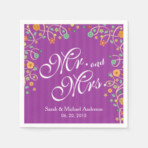 Mr. and Mrs. Stylish Purple Swirl Floral Wedding Napkin