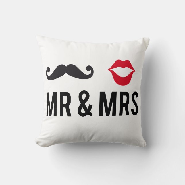 Mr and Mrs, text design with moustache and red lip Cushion (Front)