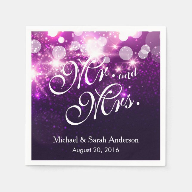 Mr. and Mrs. Trendy Purple Glitter Sparkle Wedding Napkin (Front)
