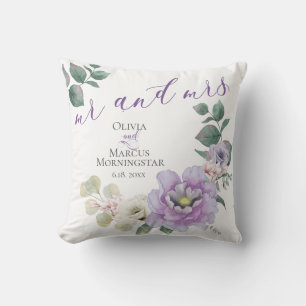 Mr and Mrs Watercolor Lavender Peony Floral Cushion