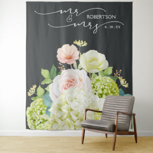 Mr. and Mrs. Wedding Backdrop Floral Banner Tapestry