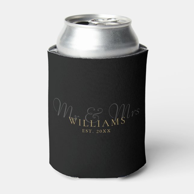 Mr And Mrs Wedding Black And Gold Can Cooler (Can Front)