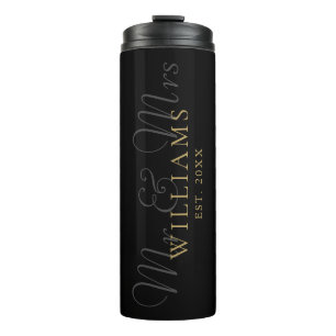 Mr And Mrs Wedding Black And Gold Thermal Tumbler