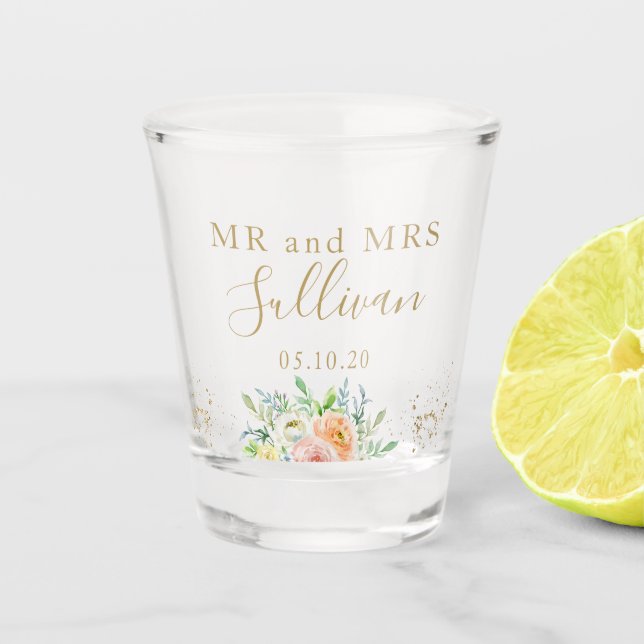 Mr and Mrs Wedding blush gold favour idea Shot Glass (Front)