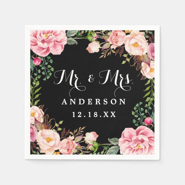Mr and Mrs Wedding Classy Pink Flowers Wreath Napkin (Front)