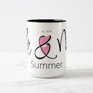 Mr. and Mrs. Wedding Custom Name Simple Pink BlacK Two-Tone Coffee Mug