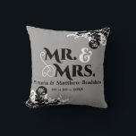 Mr. and Mrs. Wedding Customisable Background Colou Cushion<br><div class="desc">© 2015 Socialite Designs. Our wedding keepsake pillow has a customisable background colour with Mr. and Mrs. text image, along with customisable bride and groom text and date. The opposing corners have elegant flourishes. All design elements can be customised individually to suit you. You can resize or delete the design...</div>