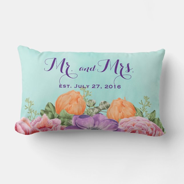 Mr and Mrs Wedding Date Watercolor Flowers Lumbar Cushion (Front)
