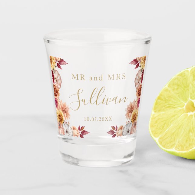 Mr and Mrs Wedding fall flowers pumpkins favour Shot Glass (Front)