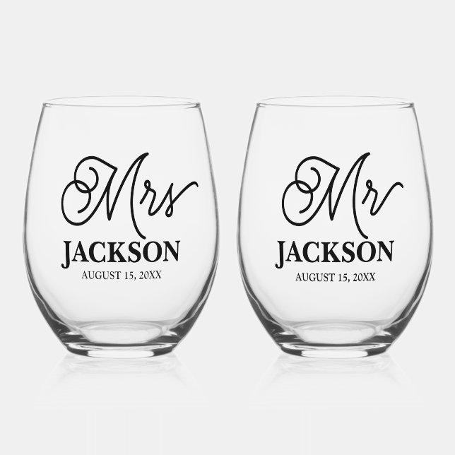 Mr and Mrs Wedding Keepsake Stemless Wine Glass (Front)