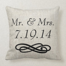 Mr. and Mrs. Wedding Linen Burlap Throw Pillow