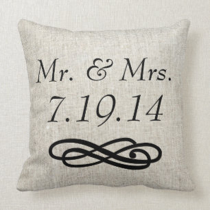 Mr. and Mrs. Wedding Linen Burlap Throw Pillow