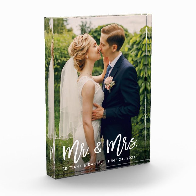 Mr. and Mrs. Wedding Modern Brush Script Photo Block (Left)