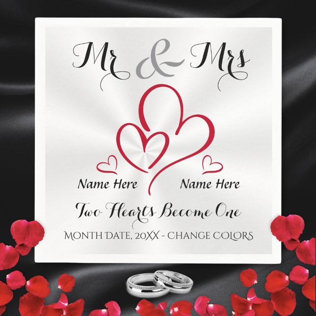 Mr and Mrs Wedding Napkins, Personalised Wedding Napkin (Mr & Mrs cocktail napkins. Mr and Mrs personalized wedding napkins. Red, Black, Gray. White Wedding.)