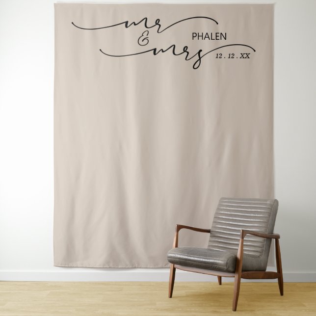Mr. and Mrs. Wedding Photo Beige Banner Tapestry (In Situ)