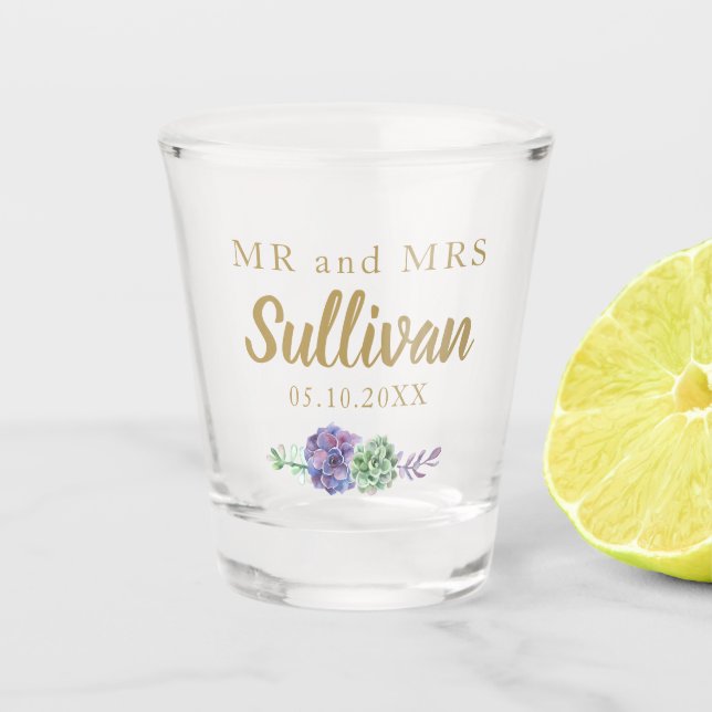 Mr and Mrs Wedding purple succulents favour idea Shot Glass (Front)