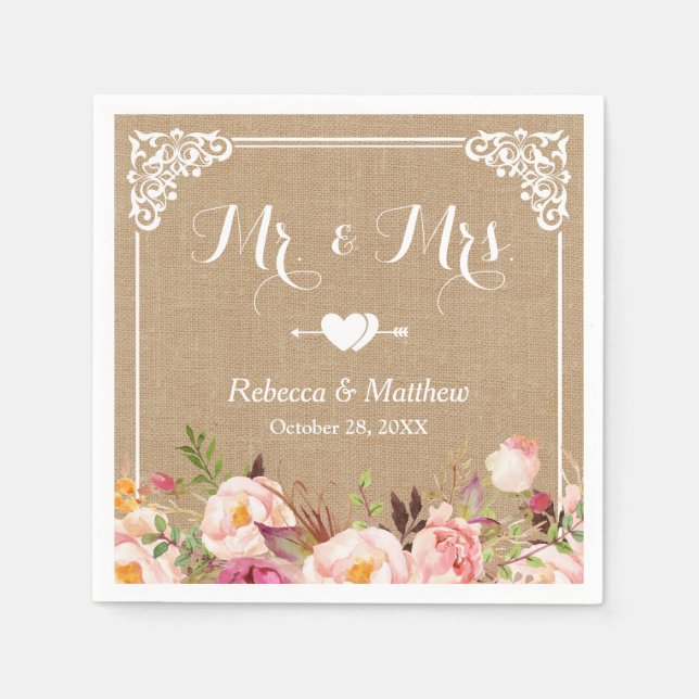 Mr. and Mrs. Wedding Rustic Burlap Floral Frame Napkin (Front)