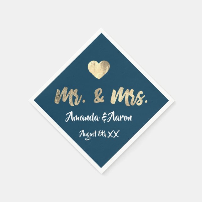 Mr. and Mrs. White Heart Blue Champaigne Gold Napkin (Corner)