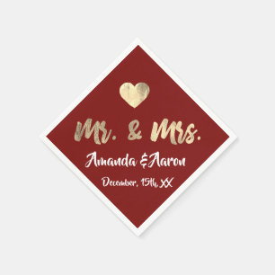Mr. and Mrs. White Heart Maroon Champaigne Gold Napkin