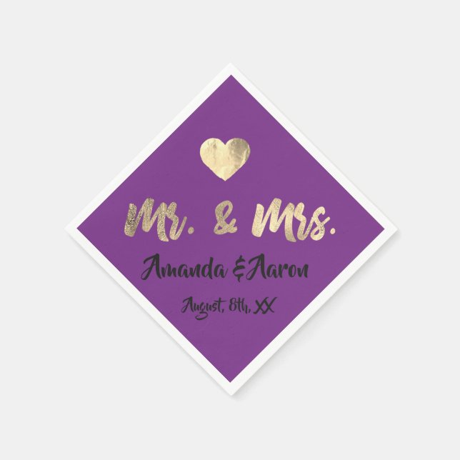 Mr. and Mrs. White Heart Purple Champaigne Gold Napkin (Corner)