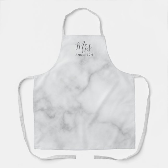 Mr and Mrs | White Marble Modern Script Apron (Front)
