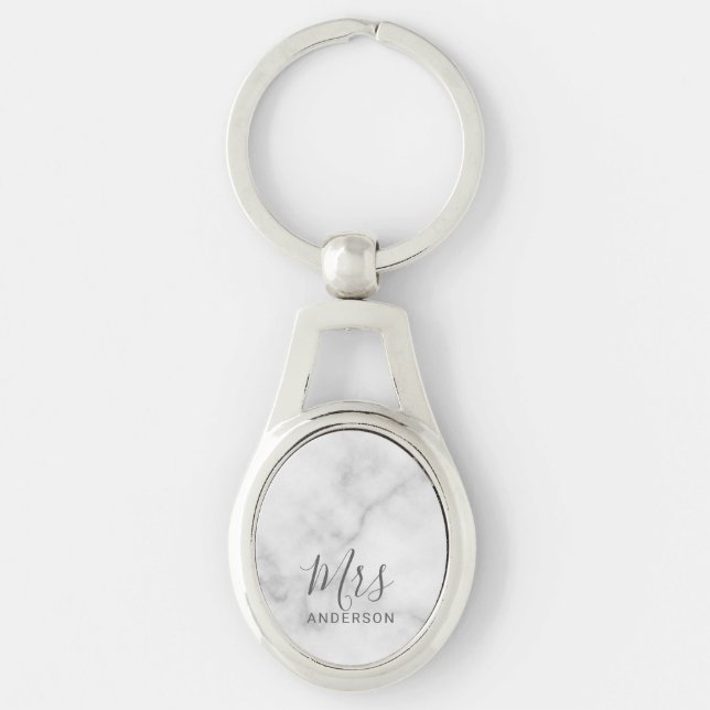 Mr and Mrs | White Marble Modern Script Wedding Key Ring (Front)