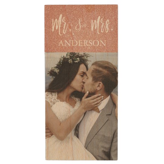 Mr. and Mrs. White Typography Wedding Photos USB Wood USB 2.0 Flash Drive