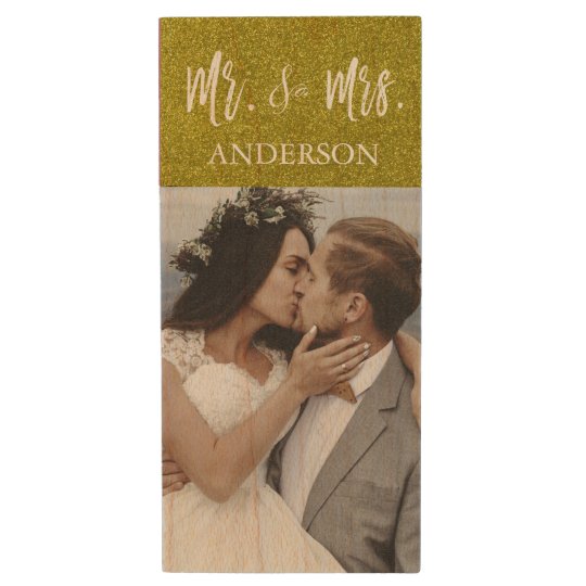 Mr. and Mrs. White Typography Wedding Photos USB Wood USB 2.0 Flash Drive