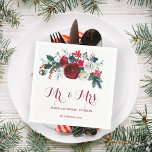 Mr and Mrs winter floral bouquet Christmas wedding Napkin<br><div class="desc">Classy personalised wedding paper napkins featuring a red burgundy and white botanical peony flowers bouquet with winter seasonal pine green fir branches, red berries, and foliage on simple white background with editable text. Suitable for winter / Christmas elegant weddings, bridal or couple showers, anniversaries or other seasonal parties, receptions, cocktails....</div>