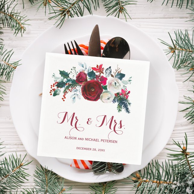 Mr and Mrs winter floral bouquet Christmas wedding Napkin (Creator Uploaded)