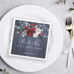 Mr and Mrs winter red peonies Christmas wedding Napkin<br><div class="desc">Classy personalised wedding paper napkins featuring a red burgundy and white botanical peony flowers bouquet with winter seasonal pine green fir branches, red berries, and foliage on a dark navy blue barn wood background with string lights. Suitable for winter / Christmas elegant weddings, bridal or couple showers, anniversaries or other...</div>