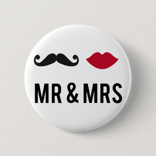 mr. and mrs. with moustache and red lips 6 cm round badge