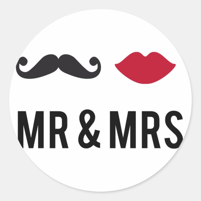 mr. and mrs. with moustache and red lips classic round sticker (Front)