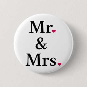 mr. and mrs. with two red hearts 6 cm round badge