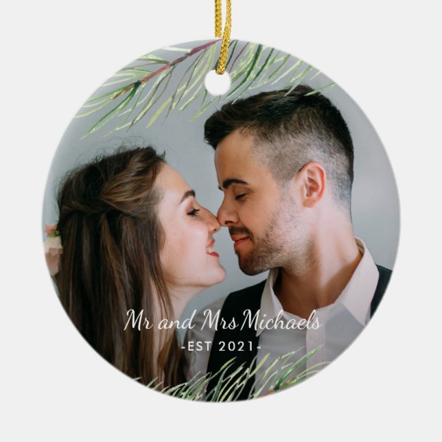 Mr and Mrs with Year and Photo Christmas Ceramic Tree Decoration (Front)