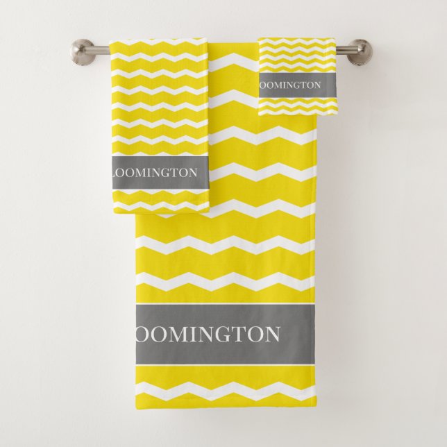 Mr and Mrs yellow grey chevron zigzag pattern Bath Towel Set (Insitu)