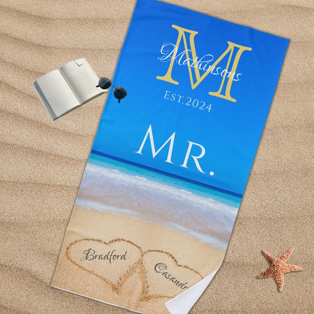 Mr. Beach Wedding Hearts in Sand Family Monogram B Beach Towel (Creator Uploaded)