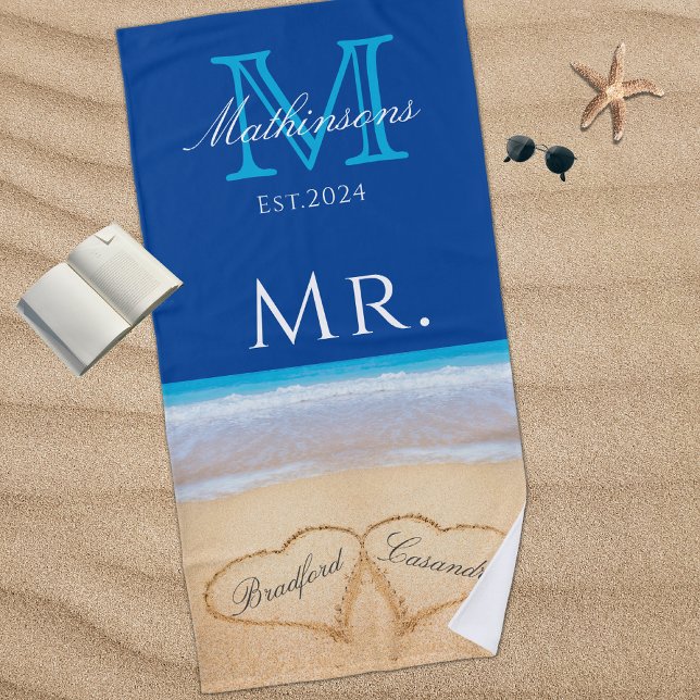Mr. Beach Wedding Hearts in Sand Family Monogram B Towel (Creator Uploaded)