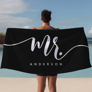 Mr Black And White Newlywed Groom Personalised Beach Towel