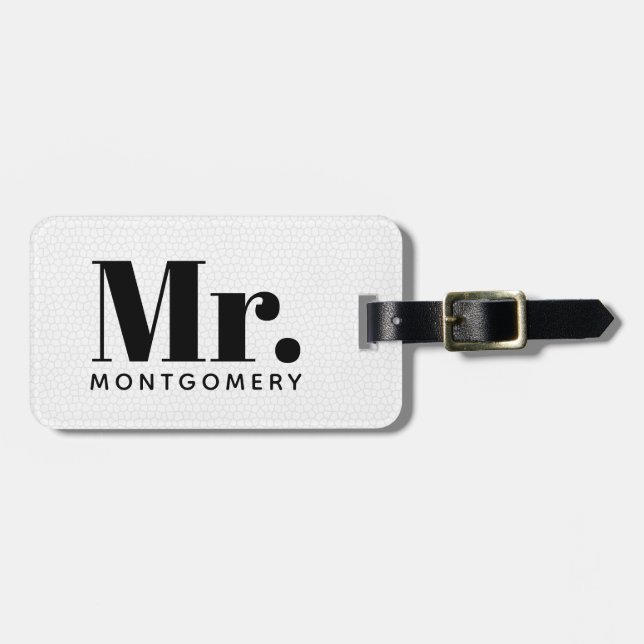 Mr. Black Leather Script Monogrammed Name Luggage Tag (Front Horizontal)