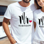 Mr Black Modern Script Custom Wedding Monogram T-Shirt<br><div class="desc">Custom Mr shirt design with modern stylish script and red heart accent can be personalised with the groom's last name. Makes a great wedding gift for the honeymoon!</div>