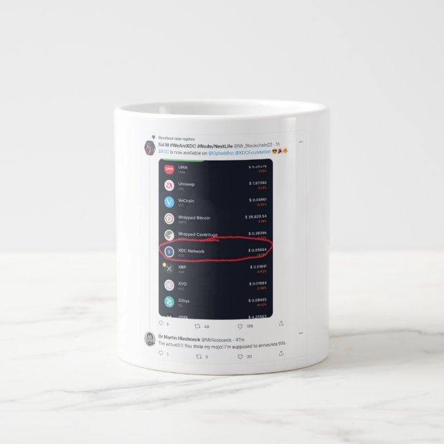 Mr.Blockchain22 Breaks XDC Listing on Uphold Large Coffee Mug (Front)