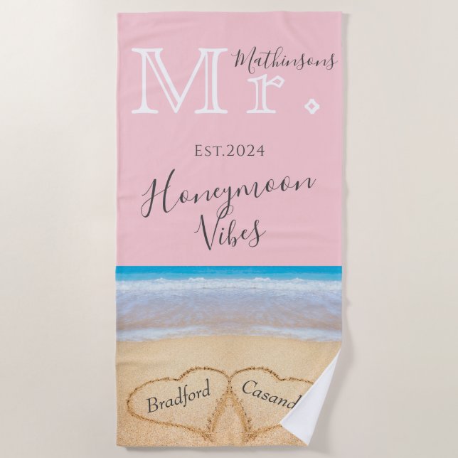 Mr. Blush Pink Beach  Wedding 2 Hearts Sand | His Towel (Front)