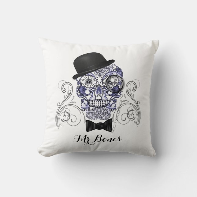 Mr Bones Fun Ornate Sugar Skull Design Cushion (Front)